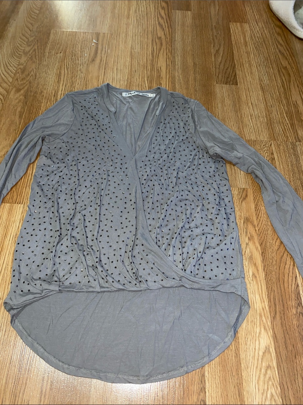Michael Stars Gray Studded Wrap-Front Long Sleeve Top